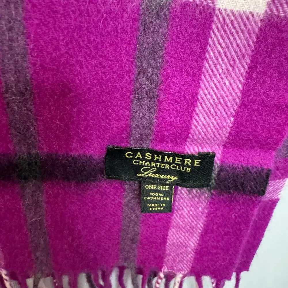 Charter Club Cashmere Purple Checked Scarf Classic Luxury Women's